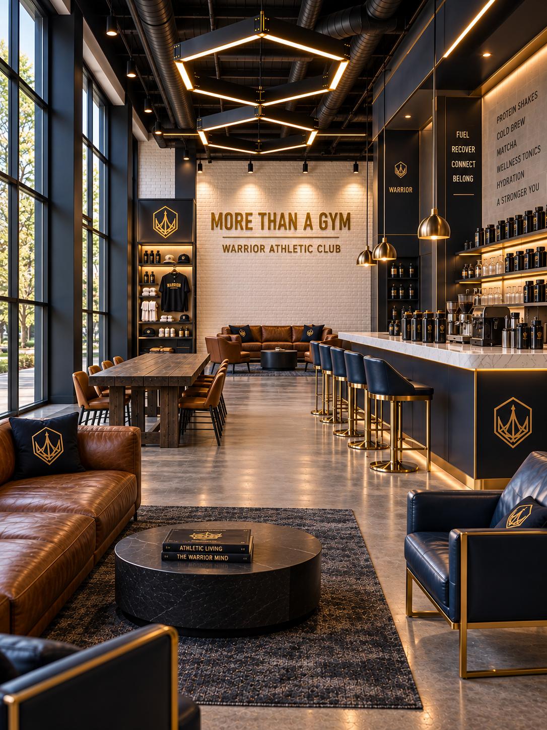 Industrial fitness club lounge and coffee bar