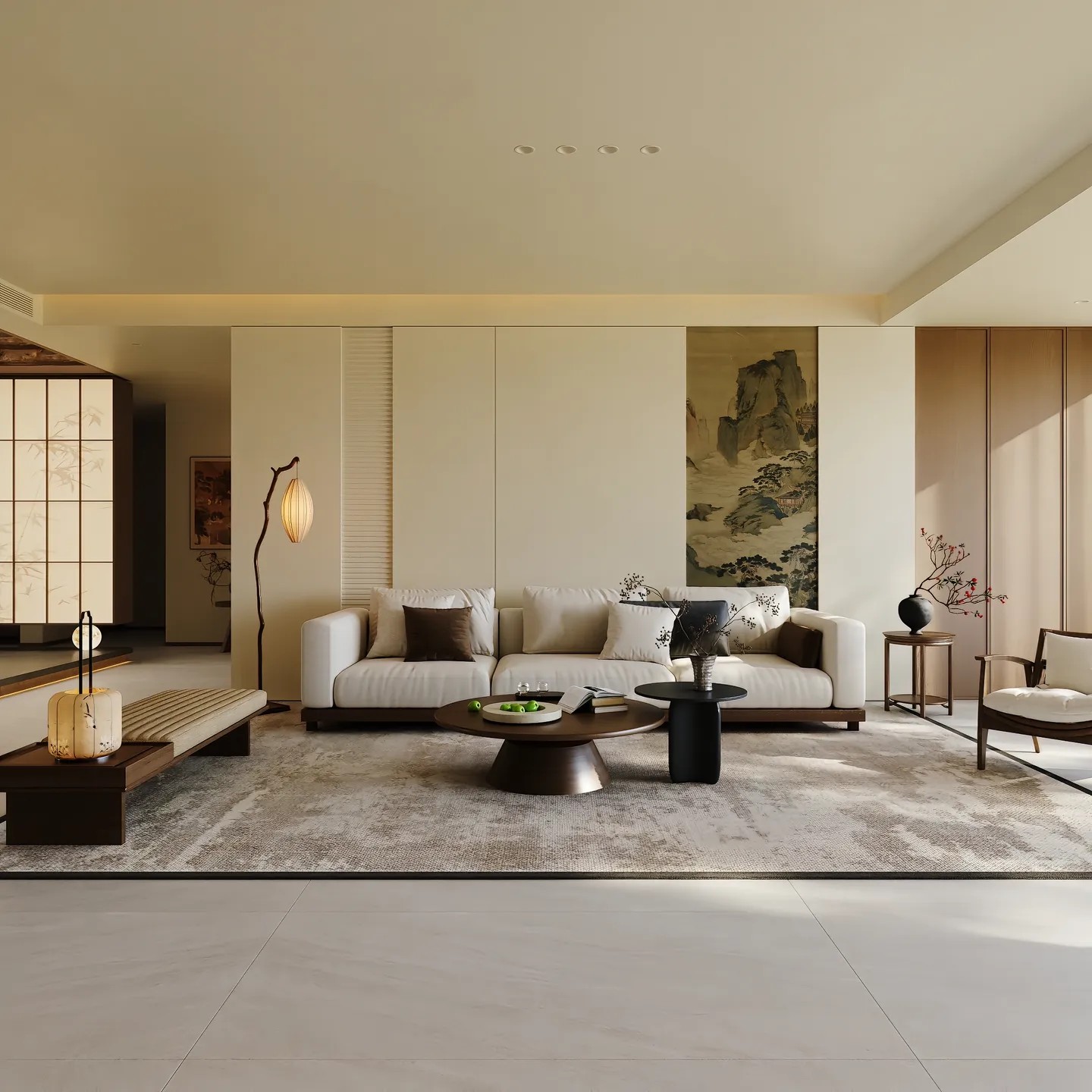 Warm contemporary living room with Asian-inspired details