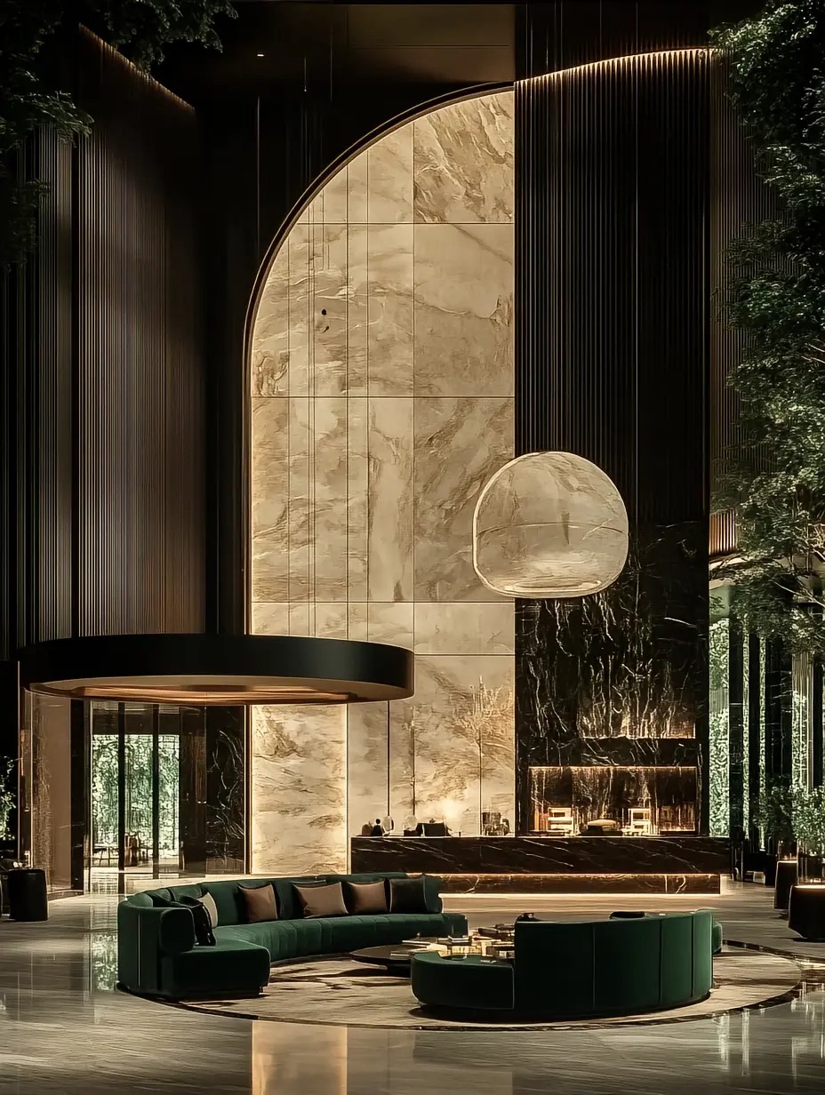 Dramatic stone lobby with green seating